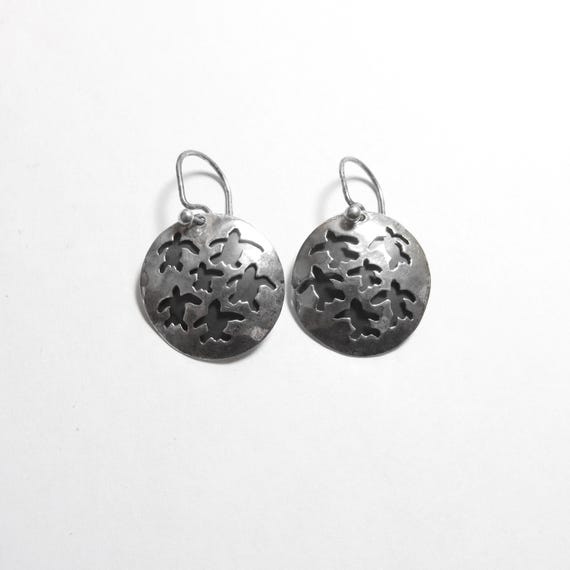 GUILLERMO ARREGUI Southwestern Sterling Silver Niello Save The Sea Turtles Dangle Earrings Vintage
