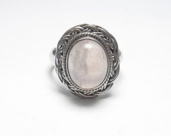 Sterling Silver 3.00 Ct Natural Light Pink Rose Quartz Solitaire Rope Bezel Ring Vintage