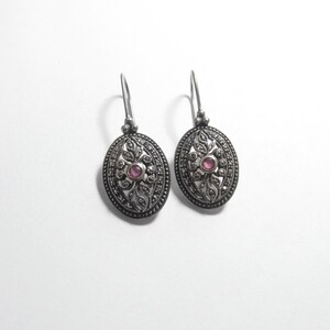 Sterling Silver Natural Round Jam Red Ruby And Marcasite Drop Earrings 0.20 Cts Vintage