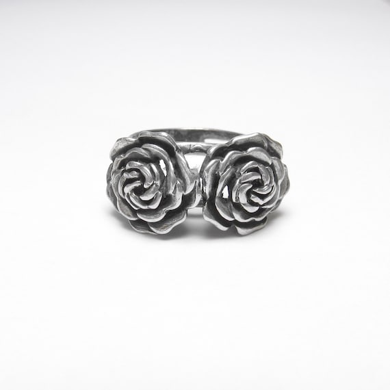 SEZGIN Sterling Silver Double Detailed Rose Flower Ring 1970's