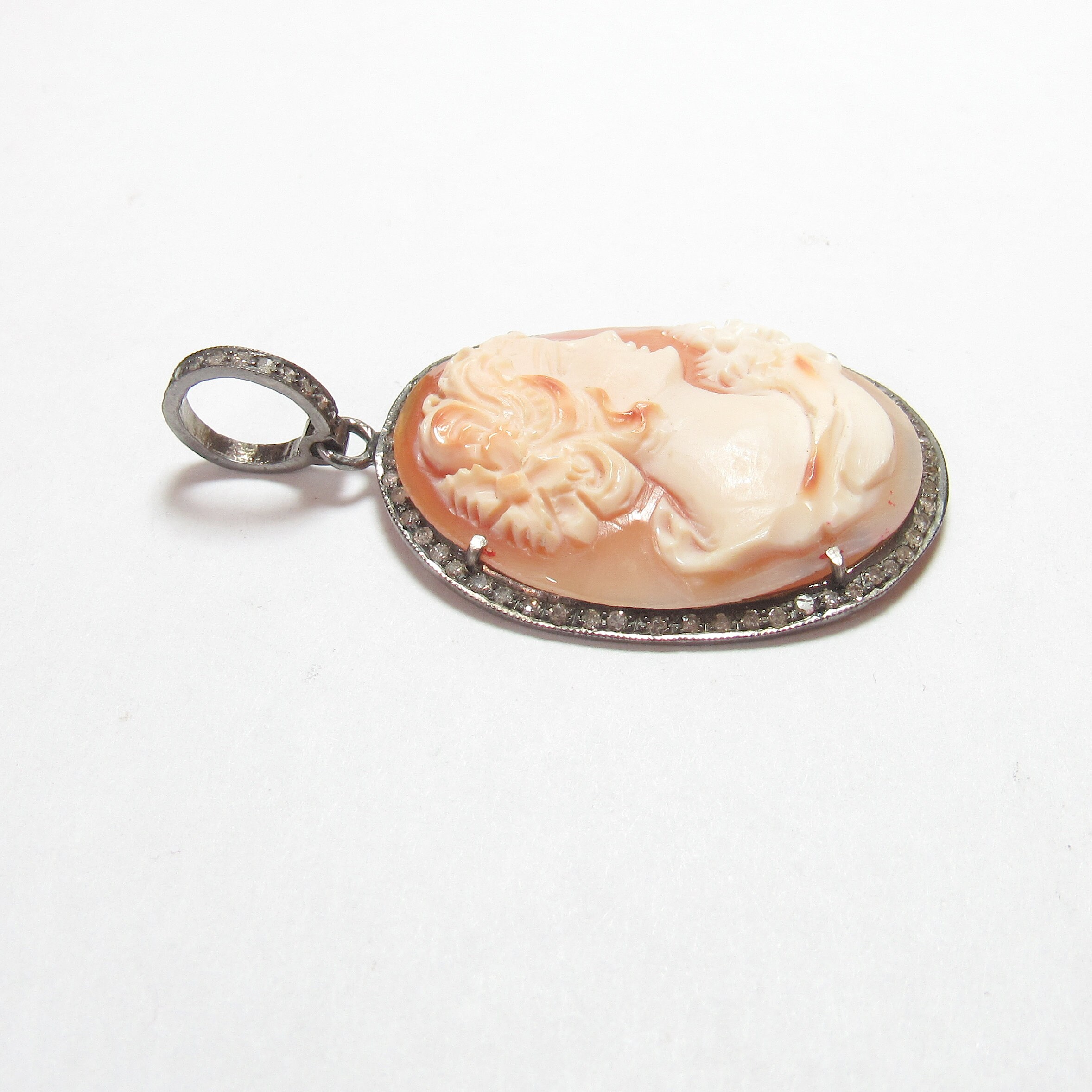 Sterling Silver Carved Curly Hair Woman Shell Cameo Diamond Pendant 0. ...