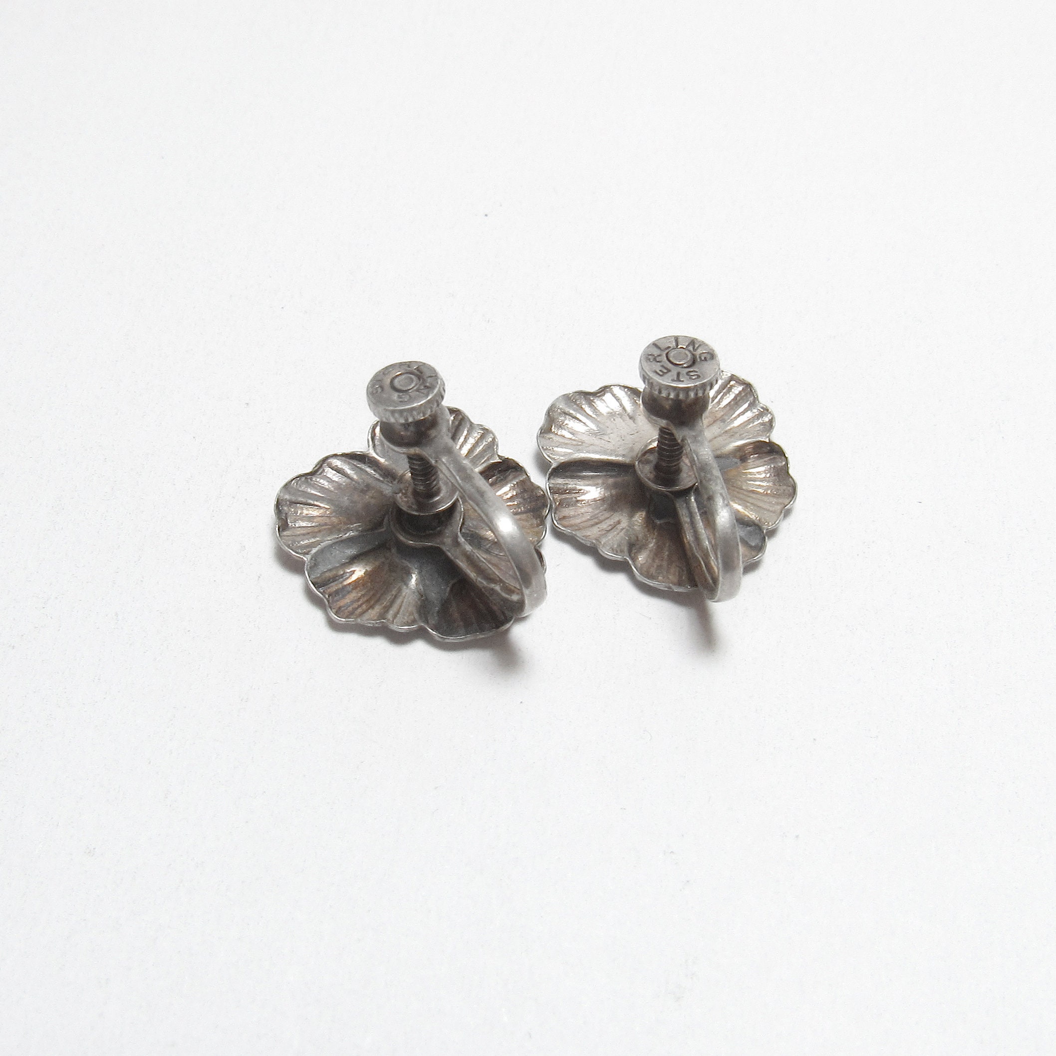 Sterling Silver Detailed Hibiscus Flower Screw Back Earrings