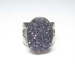 JAY KING Southwestern Sterling Silver 1.00 Ct Oval Purple Druzy Quartz Stone Solitaire Ring 1980&#39;s Vintage