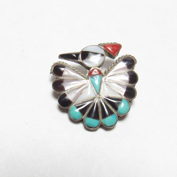 JJ NIIHA Zuni Sterling Silver Natural Turquoise, Coral, Onyx, Mother Of Pearl Woodpecker Pendant Or Brooch 1970's Vintage