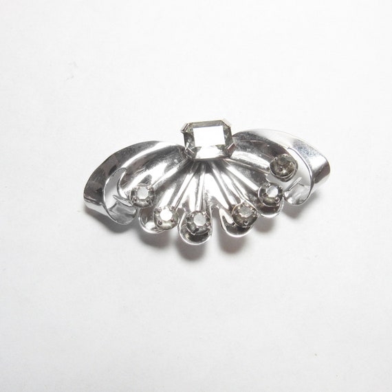 LEO GLASS Sterling Silver White Rhinestone Fan De… - image 1