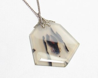 22.00 Ct Natural Moss Agate Pendant With Sterling Silver Top And Chain 1960&#39;s Vintage