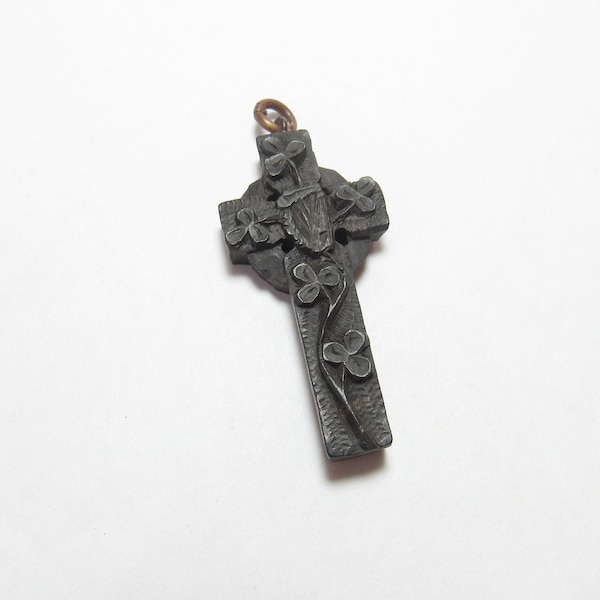 Brown Hand Carved Gutta Percha Flower Celtic Cross Pendant With Metal Bail 1870's Victorian