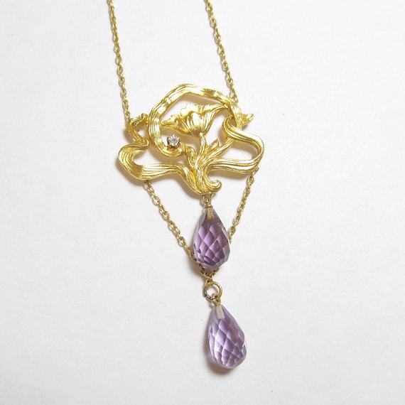 14K Yellow Gold Natural Briolette Purple Amethyst… - image 1