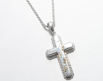 JACMEL Sterling Silver And 14K Yellow Gold Footprints In The Sand Cross Pendant With Chain Vintage