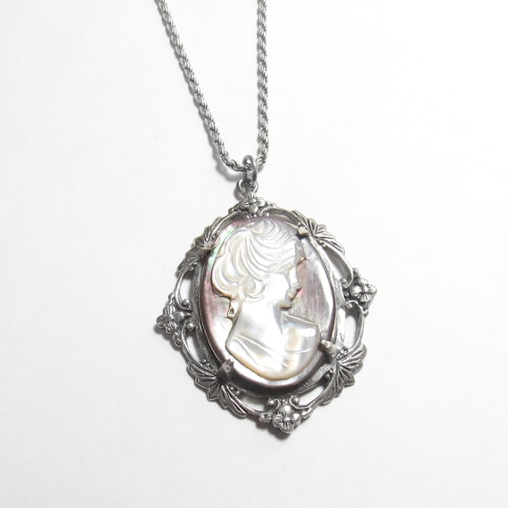 Sterling Silver Hand Carved Mother of Pearl Abalone Curly Hair Woman Cameo Pendant With Chain 1960 s Vintage Etsy