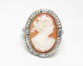 14K White Gold Hand Carved Woman Shell Cameo Pearl Filigree Ring 1930's Vintage