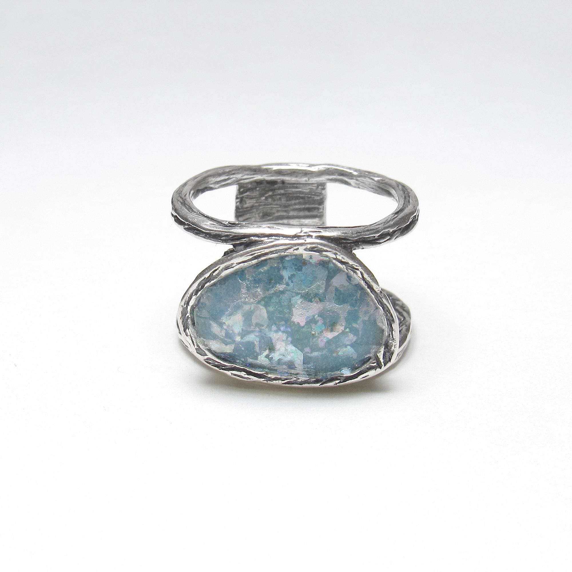 OR PAZ CREATIONS Sterling Silver Oval Blue Ancient Roman Glass Solitaire Ring Vintage