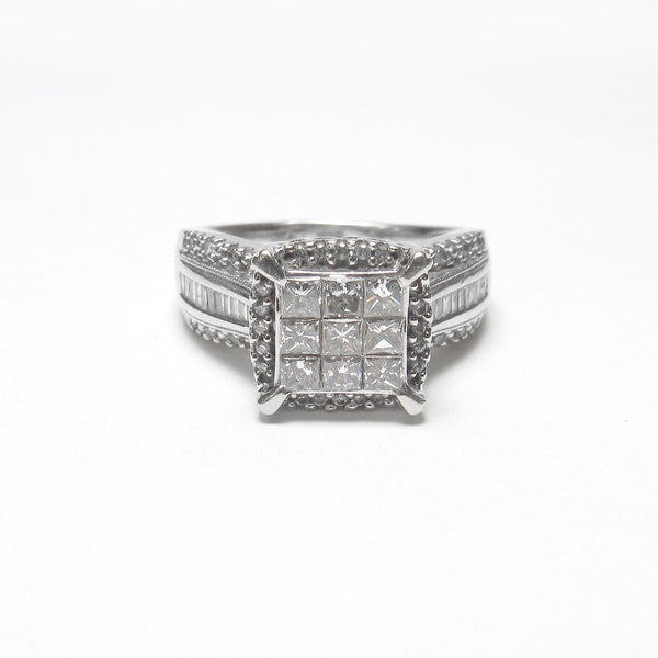 ZEI 14K White Gold Princess, Baguette, Brilliant Cut Diamond Cluster Ring 1.00 Ct Vintage