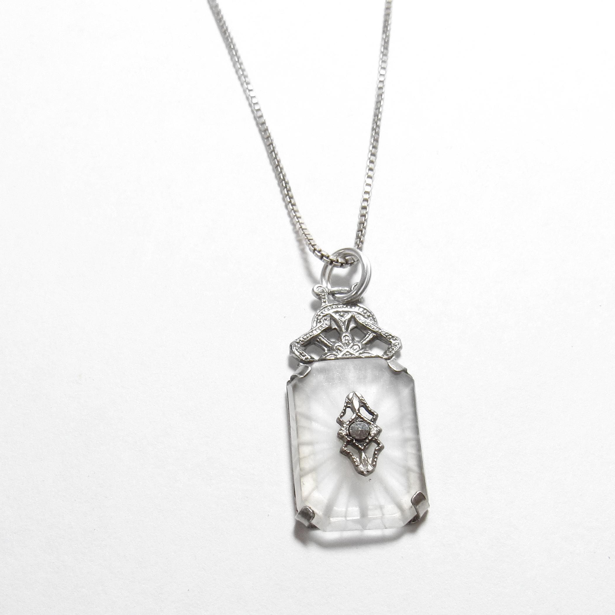 Sterling Silver Round Marcasite On White Crystal Pendant With Box Chain 1940's Vintage