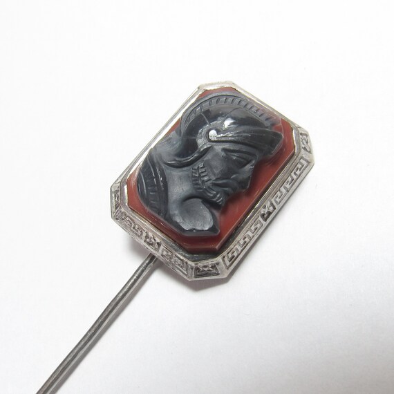 14K White Gold Hand Carved Soldier Agate Stone Ca… - image 2