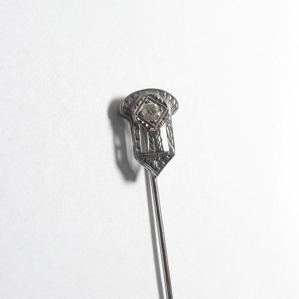 14K White Gold 0.08 Ct Natural European Cut Diamond Etched Head Stick Pin 1920's Art Deco