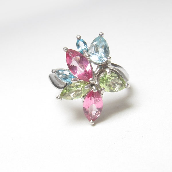 LEFKOWITZ & EDELSTEIN Sterling Silver Natural Pink, Green And Blue Topaz Ring 5.00 Cts Vintage
