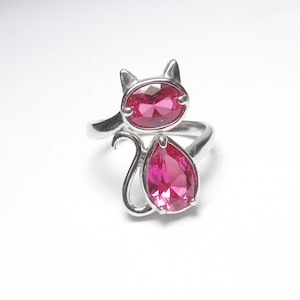 BBJ BANGKOK RATNARAJ Sterling Silver Lab Created Fuchsia Pink Ruby Cat With Tail Ring 2.50 Cts Vintage