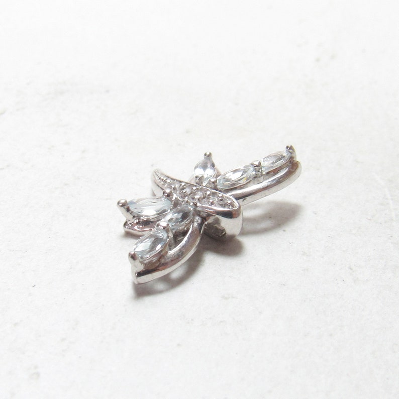 Little 10K White Gold Natural Light Blue Aquamarine White Topaz Dragonfly Pendant Estate