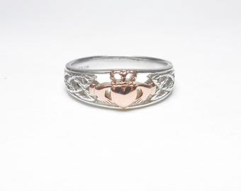 KEITH JACK Sterling Silver And 10K Rose Gold Heart, Hands And Crown Celtic Claddagh Ring Vintage