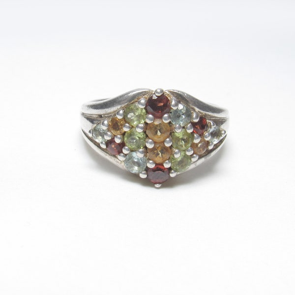 Sterling Silver Natural Garnet, Citrine, Topaz, Peridot Cluster Ring 2.40 Cts Vintage