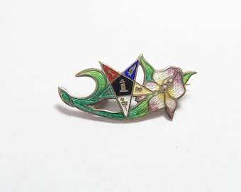 Order Of The Eastern Star Sterling Silver Enameled Flower Brooch Pin 1890's Victorian