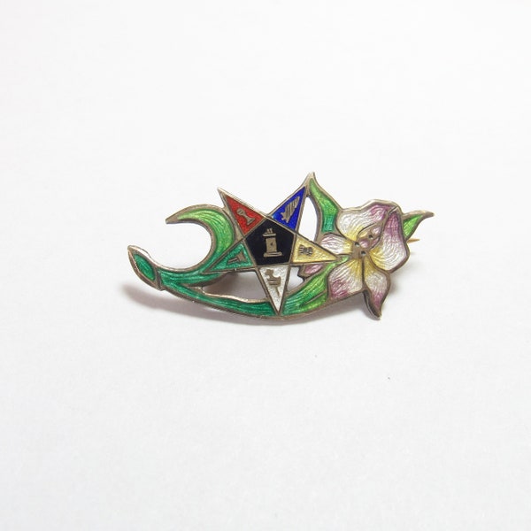 Order Of The Eastern Star Sterling Silver Enameled Flower Brooch Pin 1890's Victorian