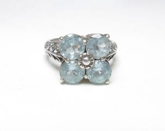 PRANDA Sterling Silver Natural Round Ice Blue Topaz Filigree Flower Ring 4.00 Cts Vintage