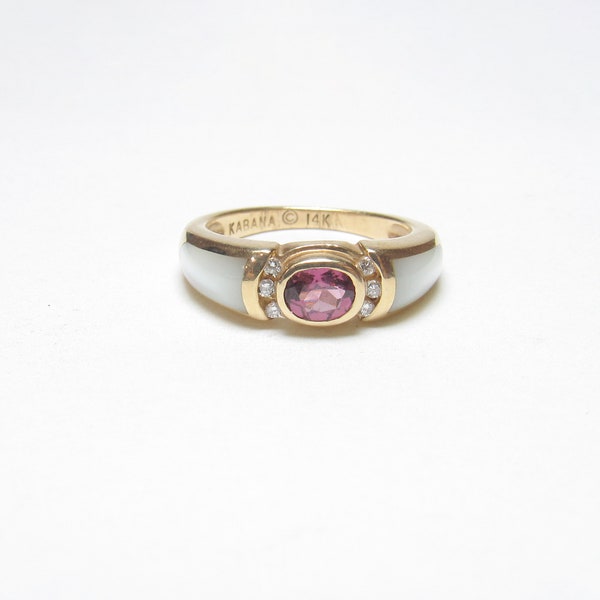 KABANA 14K Yellow Gold 0.40 Ct Natural Rhodolite Garnet, Mother Of Pearl And Diamond Ring