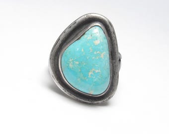 RVT Navajo Sterling Silver 4.00 Ct Natural Blue Candelaria Turquoise Solitaire Ring 1970's Vintage