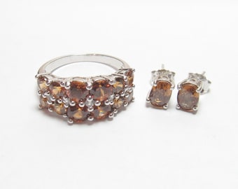 Sterling Silver Natural Tiger Orange Citrine Cluster Ring With Matching Stud Earrings 3.75 Cts TW Estate