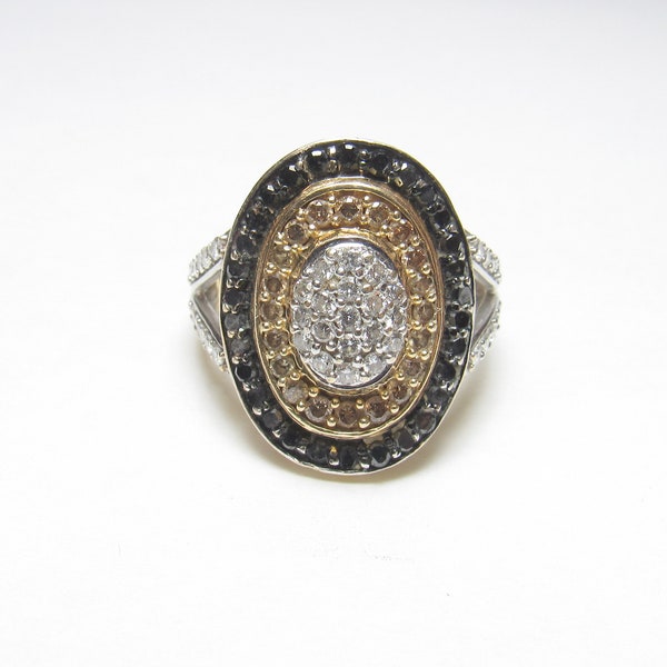 HENG NGAI 14K Yellow And White Gold White, Cognac And Black Diamond Cluster Ring 1.50 Cts Vintage