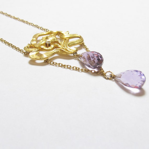 14K Yellow Gold Natural Briolette Purple Amethyst… - image 2