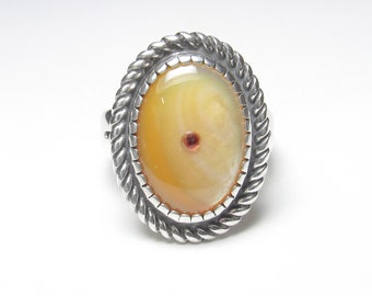 CAROLYN POLLACK Relios Sterling Silver American West Natural Garnet And Mother Of Pearl Evil Eye Ring With Box Vintage