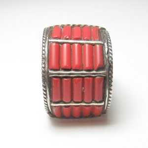 Huge Southwestern Style Sterling Silver Natural Inlay Red Coral And Turquoise 1980&#39;s Vintage