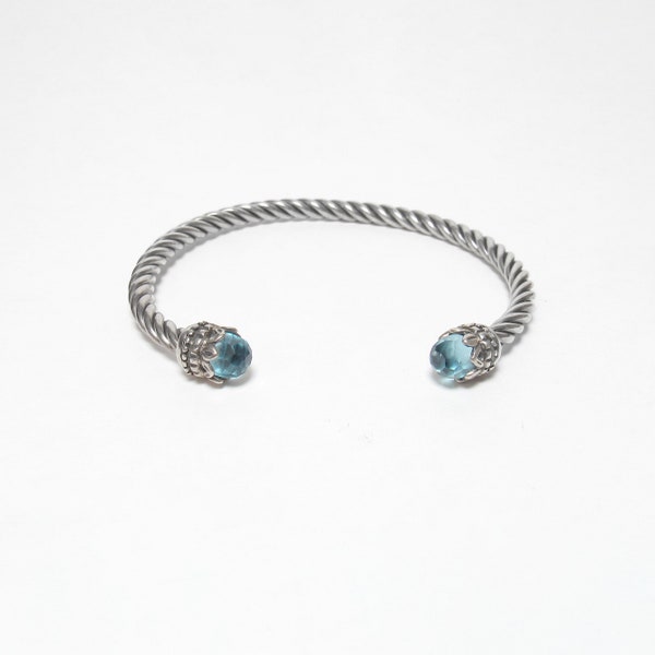SUNSTONE IMPORTS Sterling Silver Natural Blue Briolette Topaz Cable Cuff Bracelet 2.00 Cts Vintage