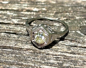 18K White Gold 0.50 Ct Natural Light Yellow European Cut Diamond Solitaire Wheat Etched Ring 1930's Vintage
