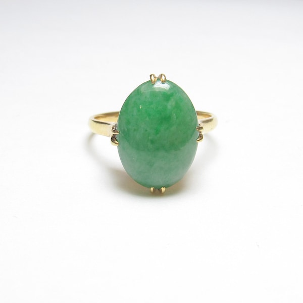 18K Yellow Gold 4.00 Ct Natural Oval Sea Green Jade Solitaire Ring 1940's Vintage