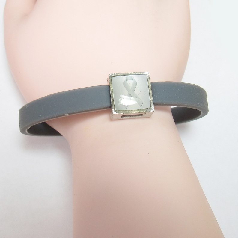 Gray Ribbon Brain Cancer Support Pewter Charm With Gray Silicone Bracelet