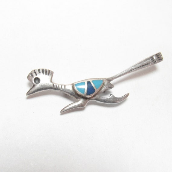 Vintage Sterling Silver Native American NOS Blue Turquoise Stamped Roadrunner Brooch Pin