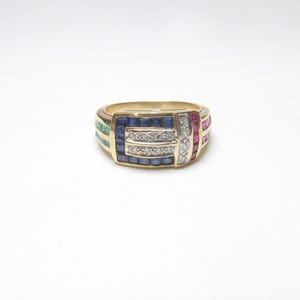 18K Yellow Gold Natural Sapphire, Ruby, Emerald And Diamond Belt Buckle Design Ring 1.50 Cts Vintage