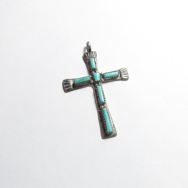 LUPE IULE Zuni Sterling Silver Natural Blue Candelaria Turquoise Cross Pendant 2.00 Cts Vintage