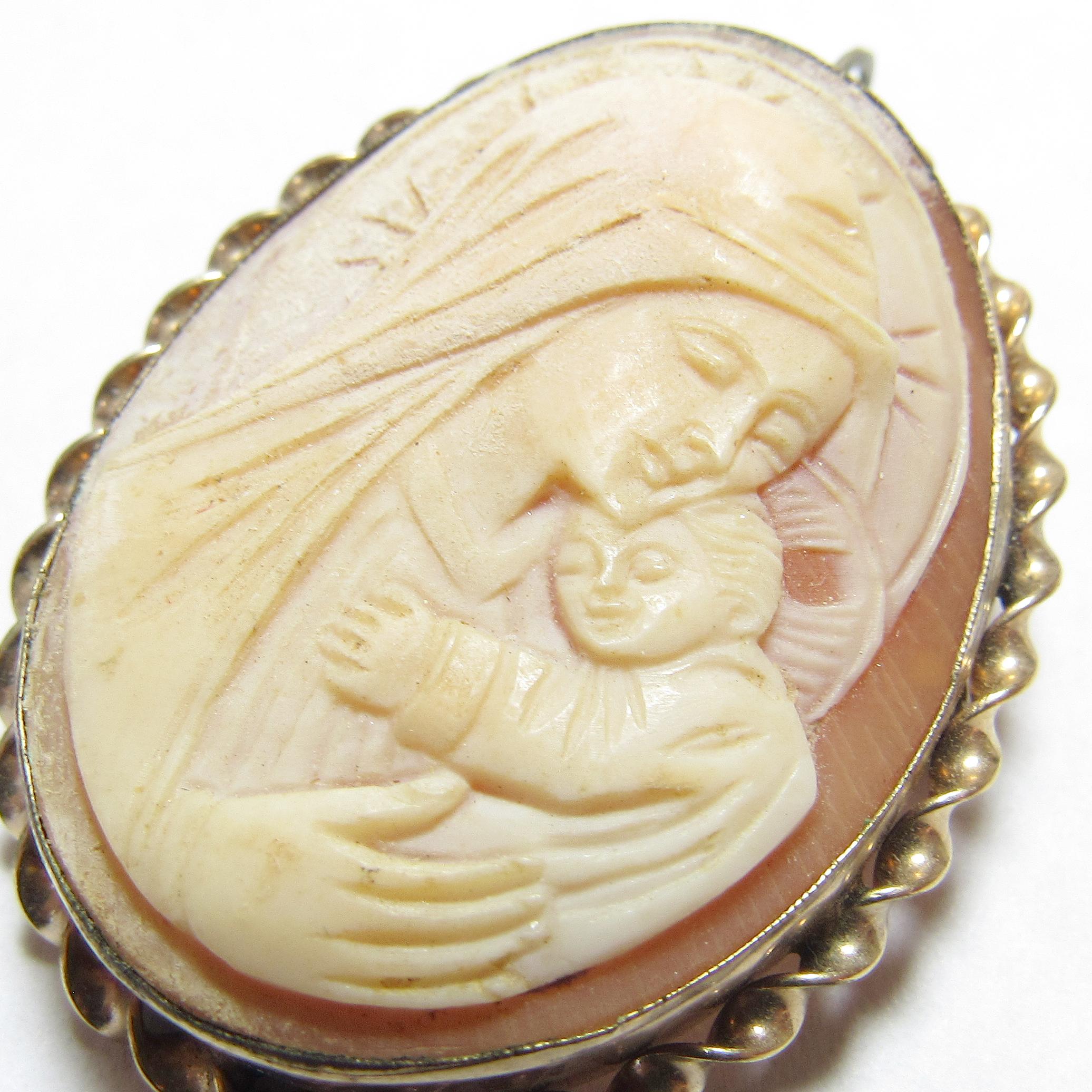 Virgin Mary Shell SPCO Hand Carved Virgin Mary and Baby Jesus Shell Cameo in Gold Filled ...