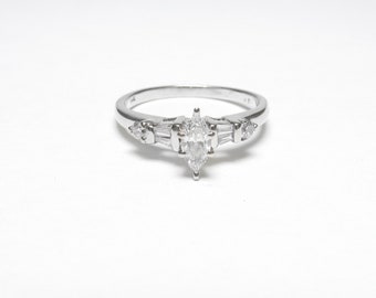 14K White Gold 0.20 Ct Marquise Cut Diamond Ring 0.30 Cts Total Vintage