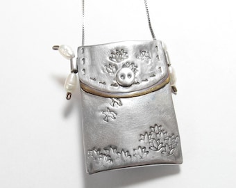 SOYKA HOROSKO MSH Sterling Silver And Brass Freshwater Pearl Open Satchel Pendant Or Brooch With Box Chain Vintage