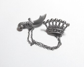 Sterling Silver Crown And Saber Sword Sweater Clip Brooch Pin 1940's Vintage