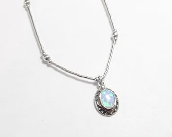 Sterling Silver 0.45 Ct Lab Created Oval Fiery Opal Pendant With Ball And Bar Chain Vintage