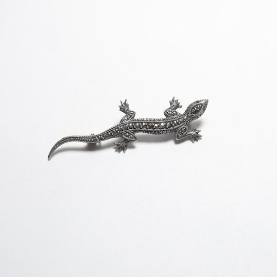 Sterling Silver Long Lizard Marcasite Brooch Pin … - image 1