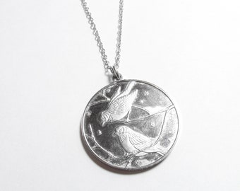 DON EVERHART Sterling Silver Winter Bird Love Medallion Pendant With Chain 1977 Vintage