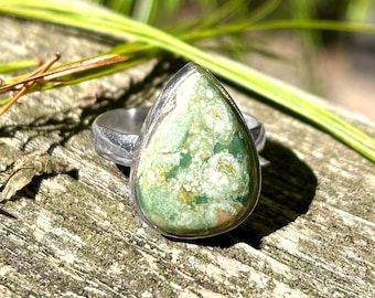 Sterling Silver 7.00 Ct Natural Pear Shape Green Rainforest Jasper Solitaire Ring Vintage